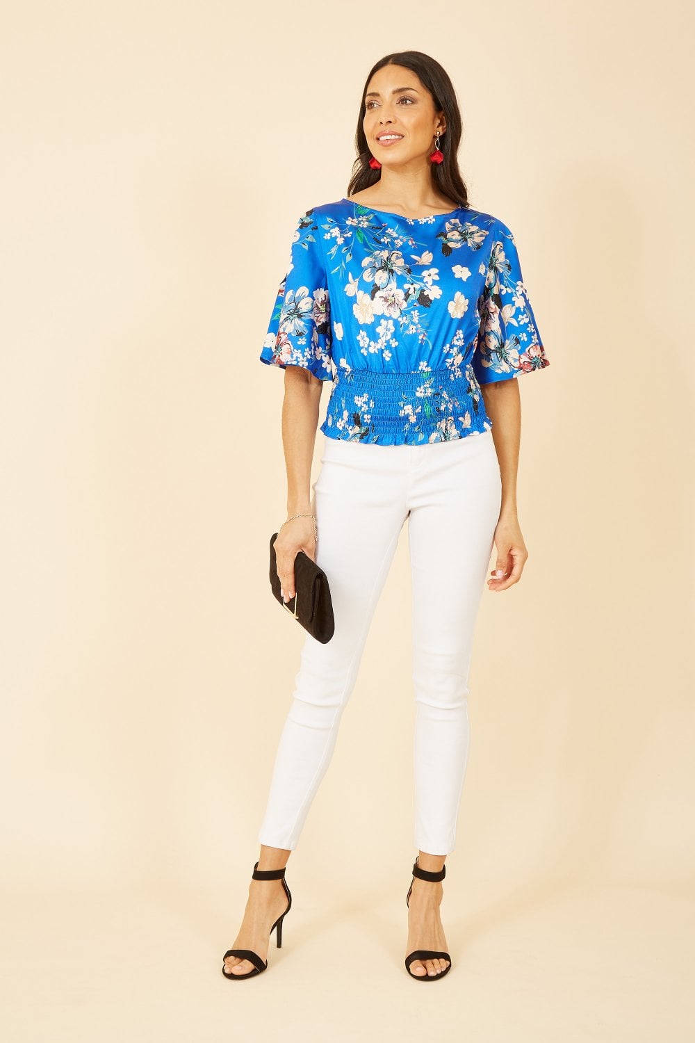 Yumi Blue Floral Satin Top With Angel Sleeves Yumi