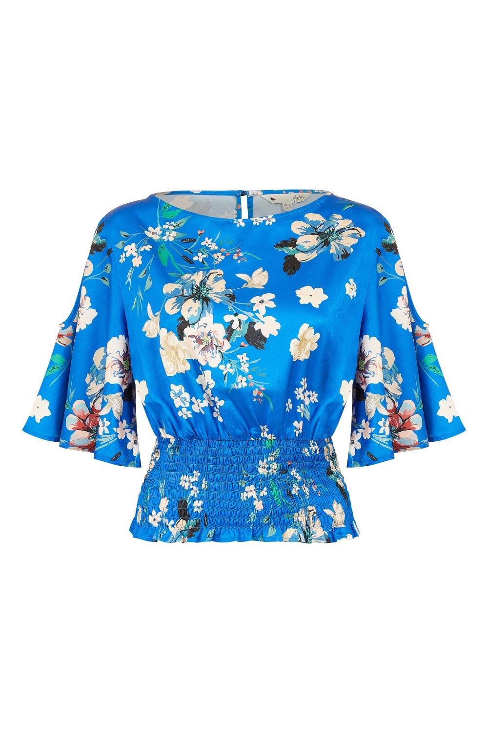 Yumi Blue Floral Satin Top With Angel Sleeves Yumi