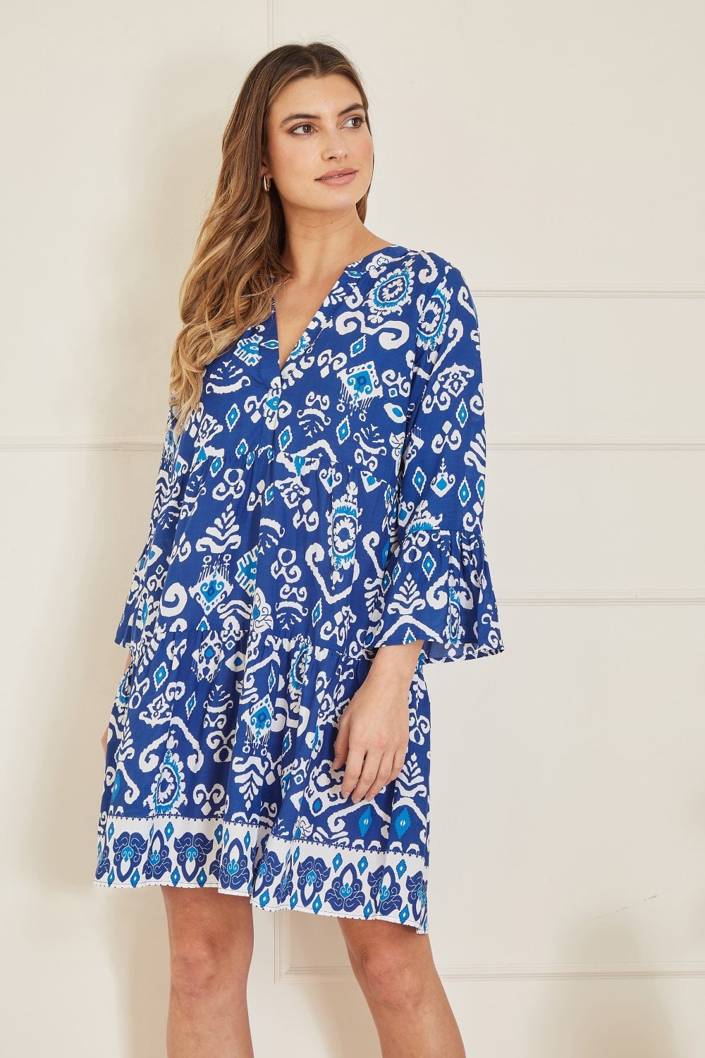 Yumi Blue Ikat Print 3/4 Sleeve Tunic Dress Yumi