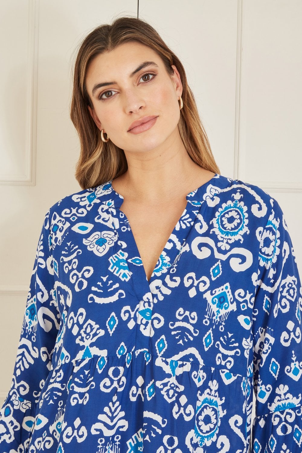 Yumi Blue Ikat Print 3/4 Sleeve Tunic Dress Yumi