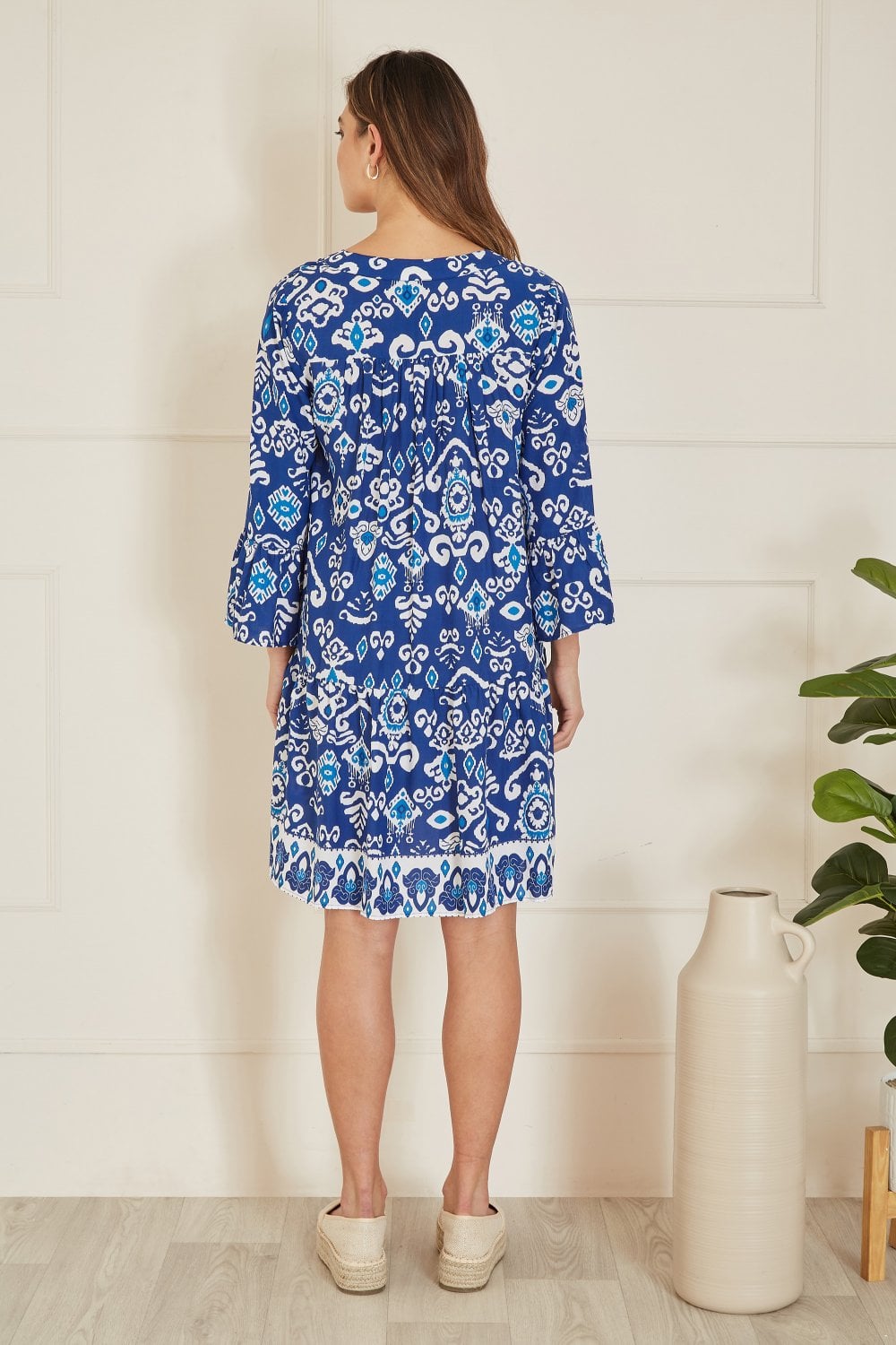 Yumi Blue Ikat Print 3/4 Sleeve Tunic Dress Yumi