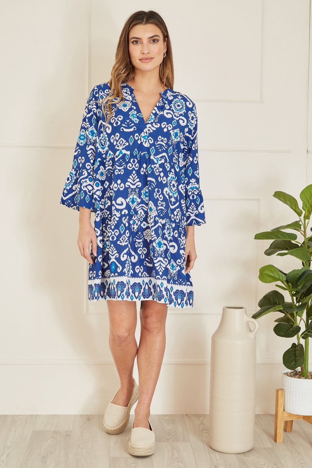 Yumi Blue Ikat Print 3/4 Sleeve Tunic Dress Yumi