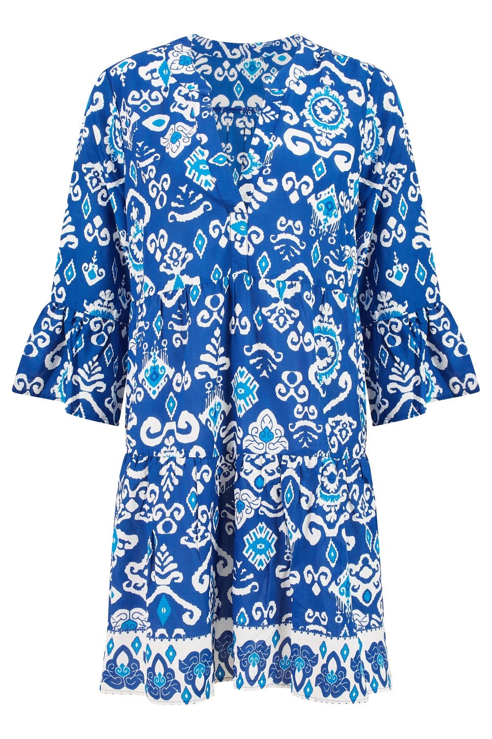 Yumi Blue Ikat Print 3/4 Sleeve Tunic Dress Yumi