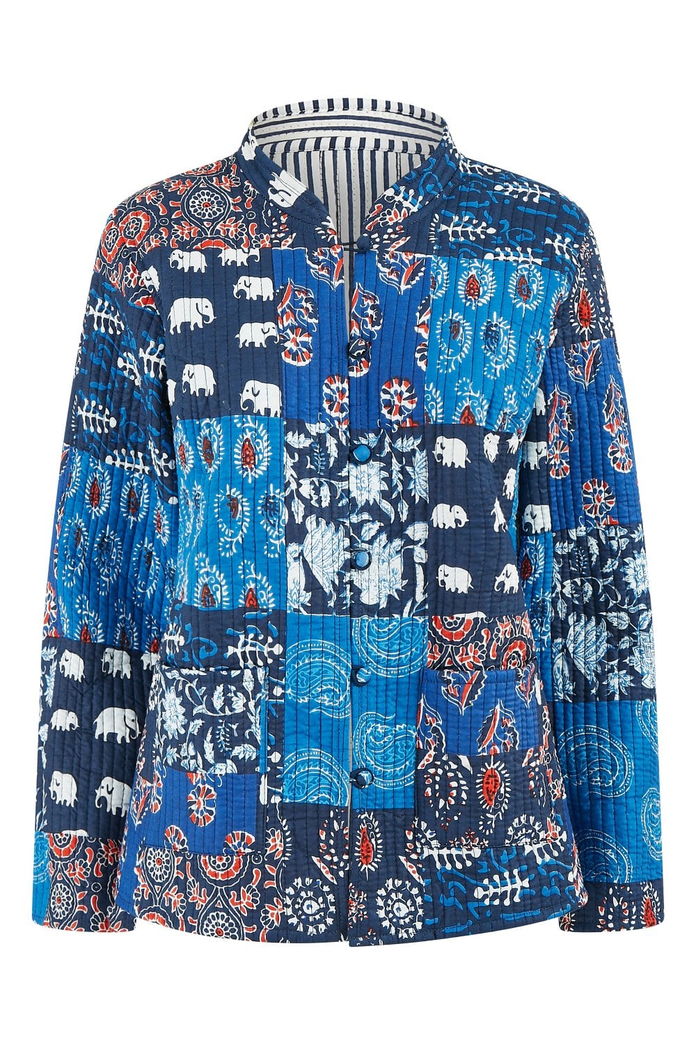 Yumi Blue Indian Patchwork Print Reversible Cotton Quilted Jacket Yumi