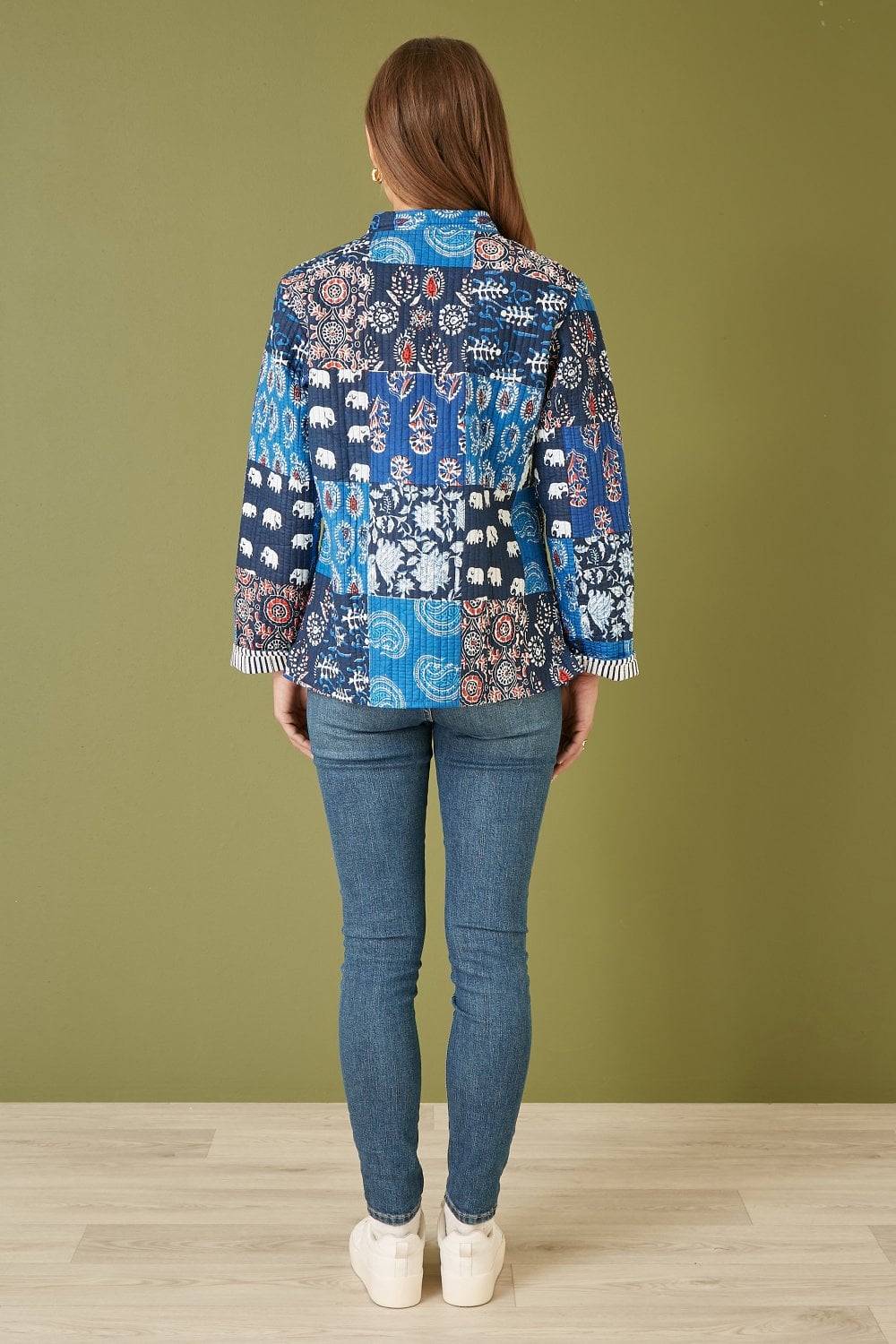 Yumi Blue Indian Patchwork Print Reversible Cotton Quilted Jacket Yumi