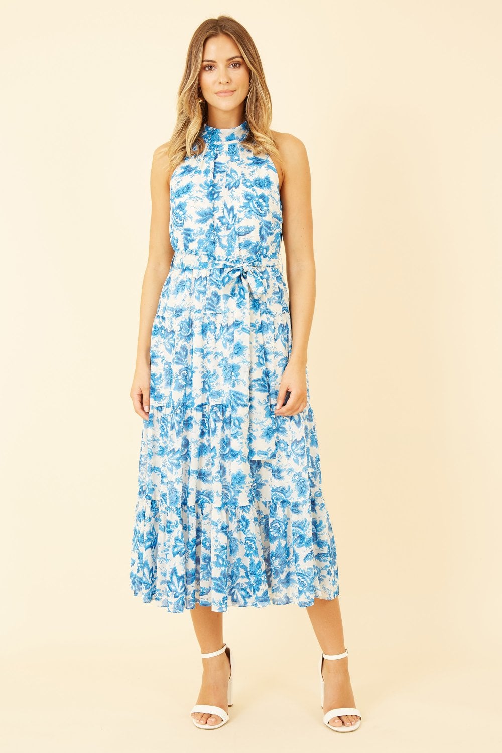 Yumi Blue Leaf Print Halter Neck Midi Dress Yumi