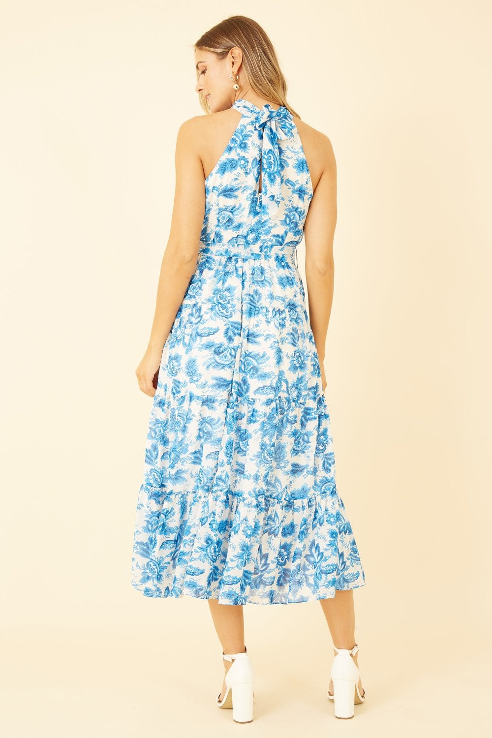 Yumi Blue Leaf Print Halter Neck Midi Dress Yumi