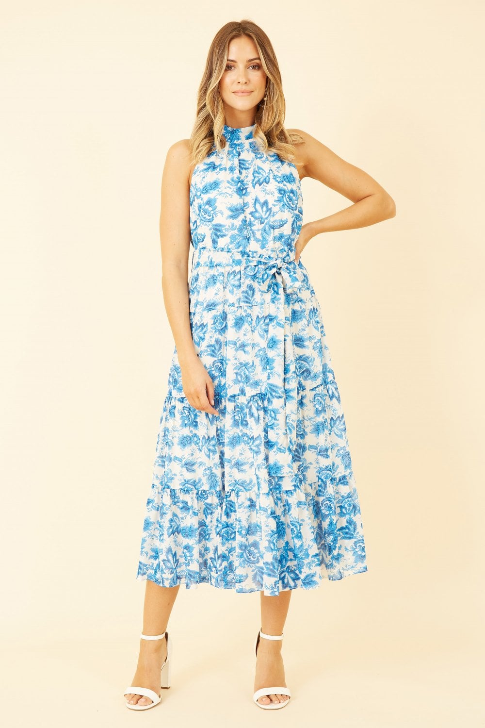 Yumi Blue Leaf Print Halter Neck Midi Dress Yumi