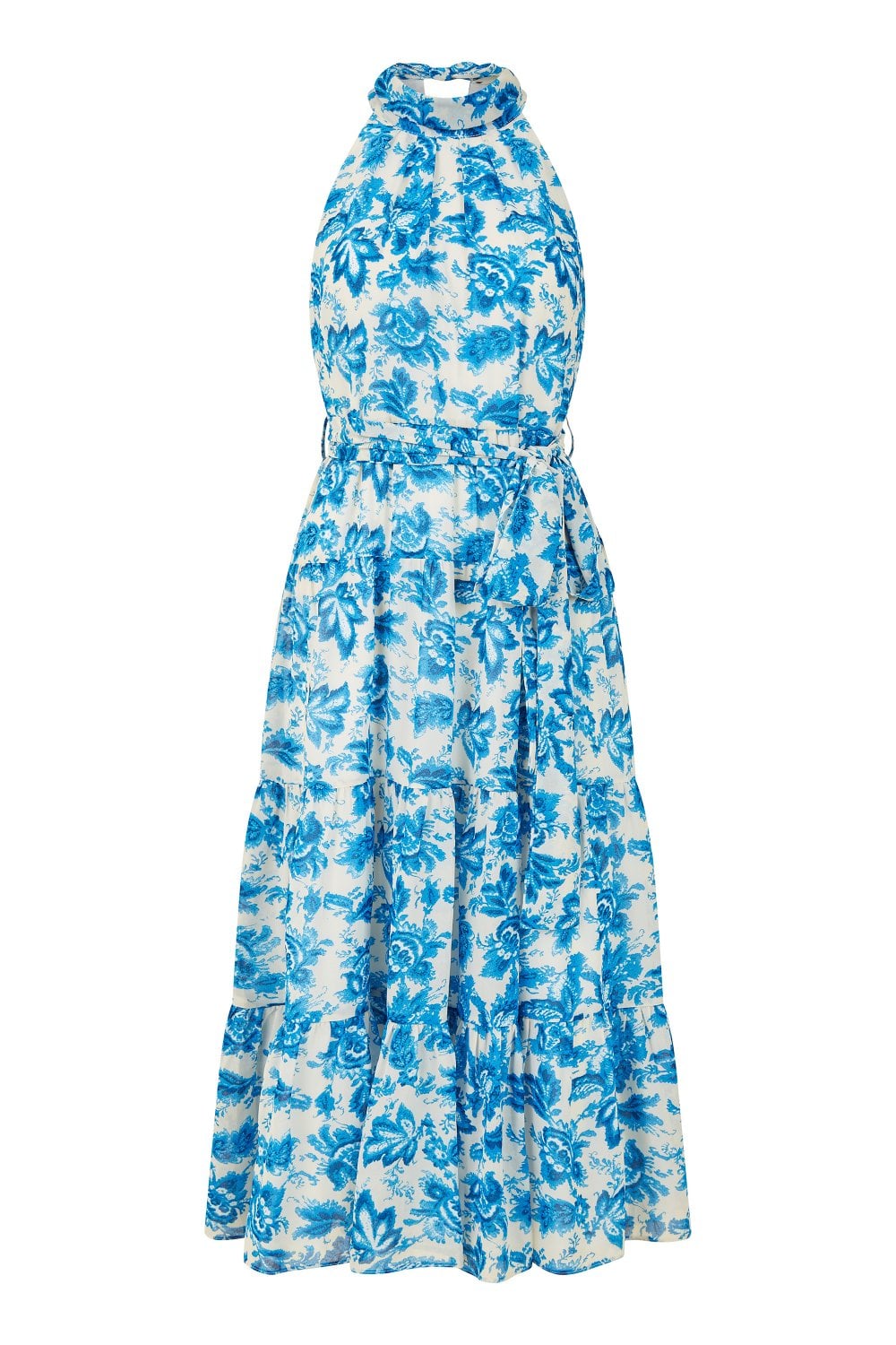 Yumi Blue Leaf Print Halter Neck Midi Dress Yumi