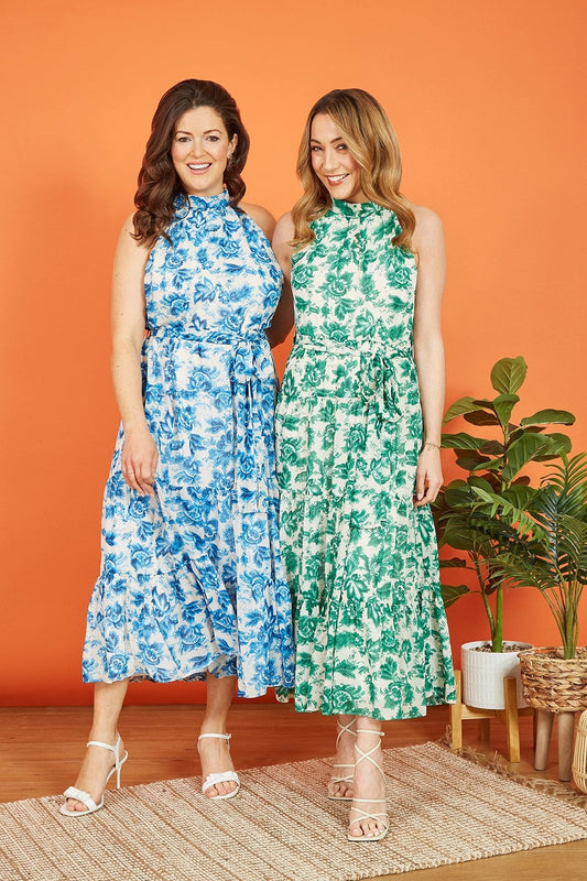 Yumi Blue Leaf Print Halter Neck Midi Dress Yumi