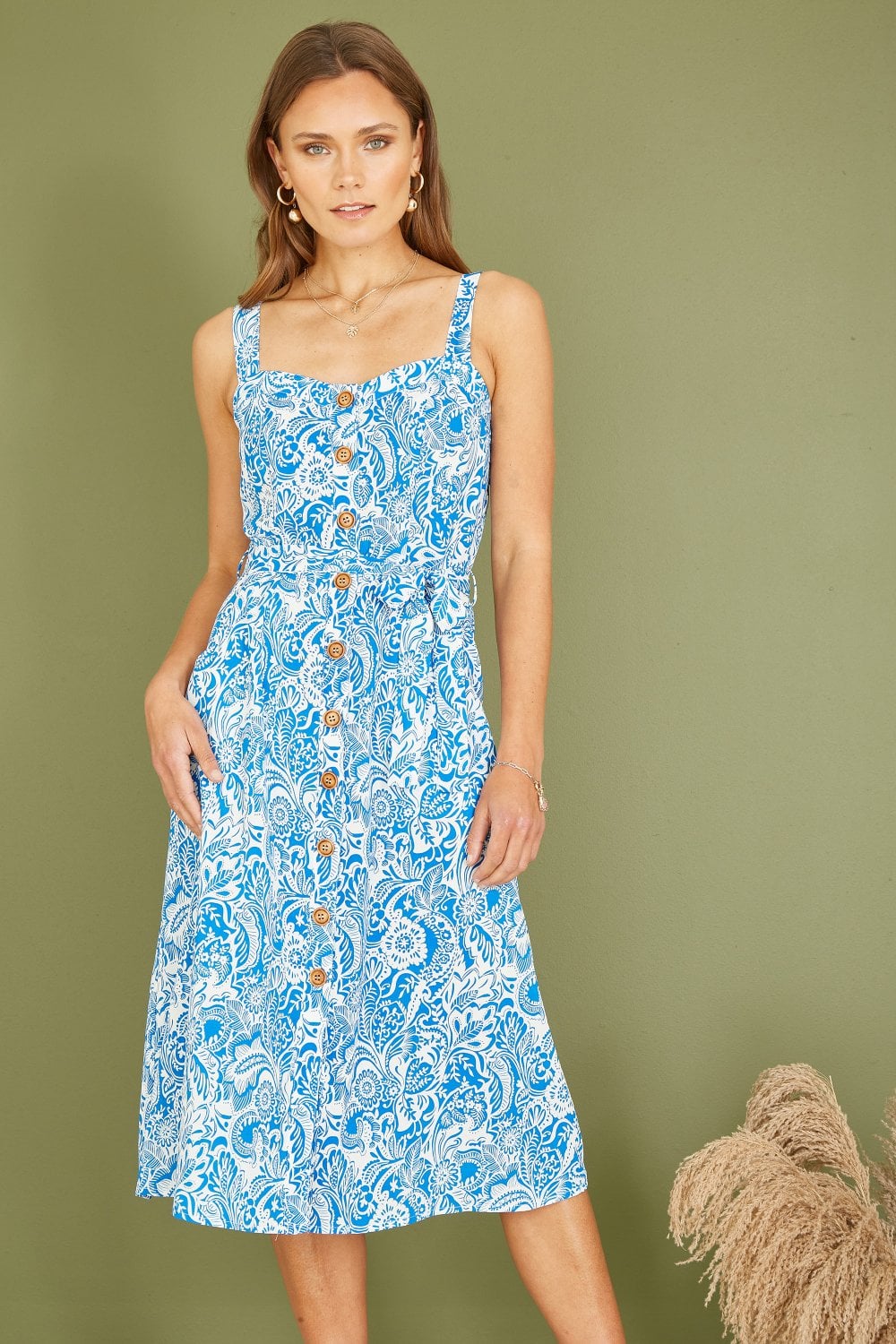 Yumi Blue Paisley leaf Print Midi Sundress Yumi