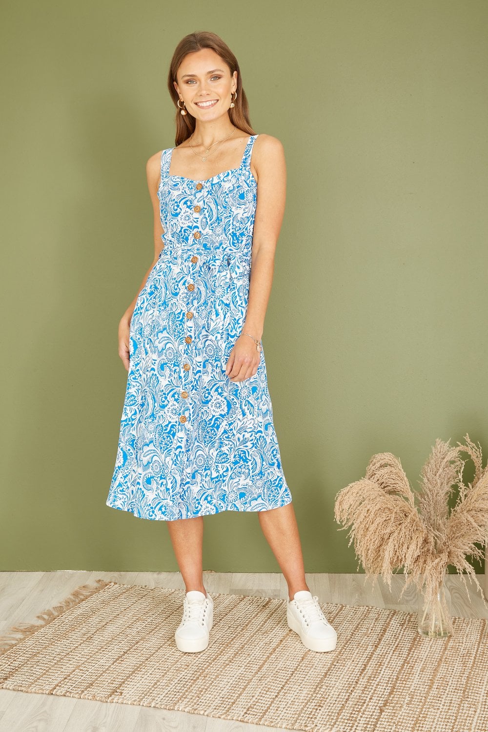 Yumi Blue Paisley leaf Print Midi Sundress Yumi