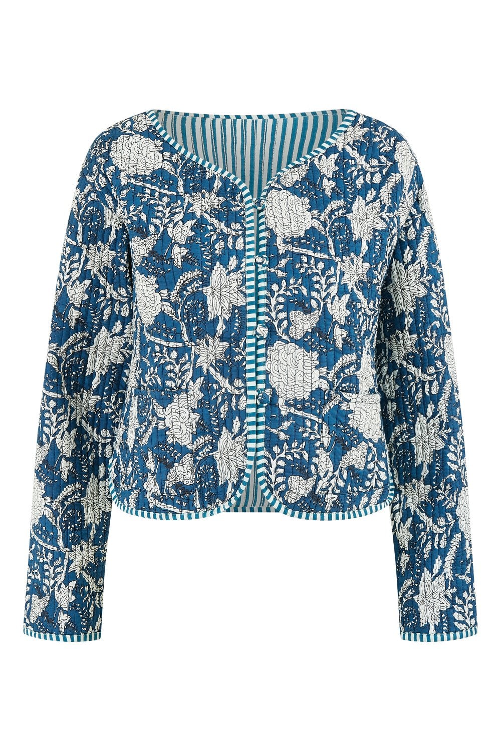 Yumi Blue Patchwork Print Reversible Cotton Quilted Jacket Yumi