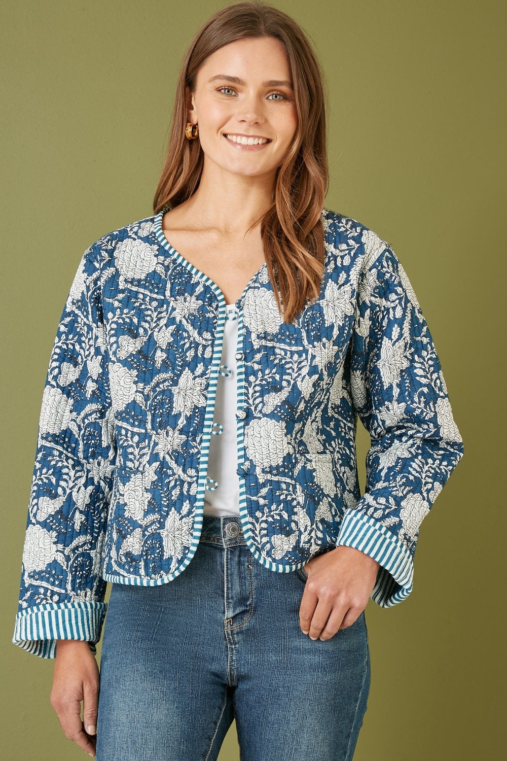 Yumi Blue Patchwork Print Reversible Cotton Quilted Jacket Yumi