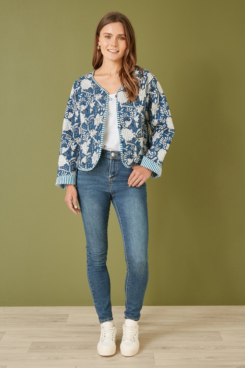 Yumi Blue Patchwork Print Reversible Cotton Quilted Jacket Yumi