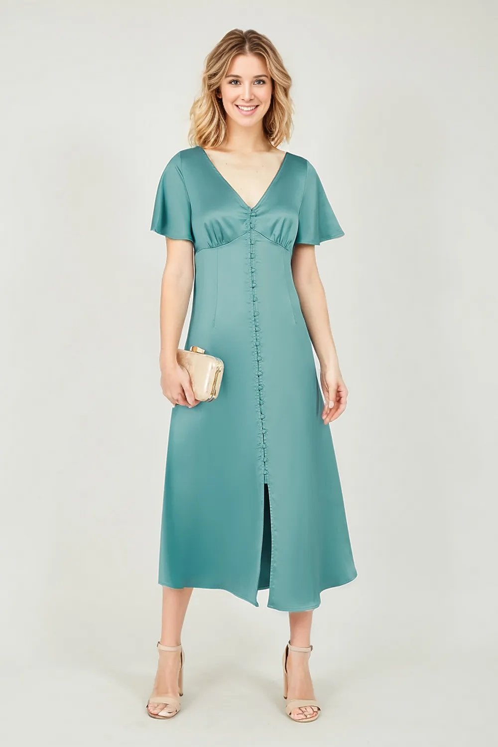 Yumi Blue Satin Button Down Midi Dress Yumi