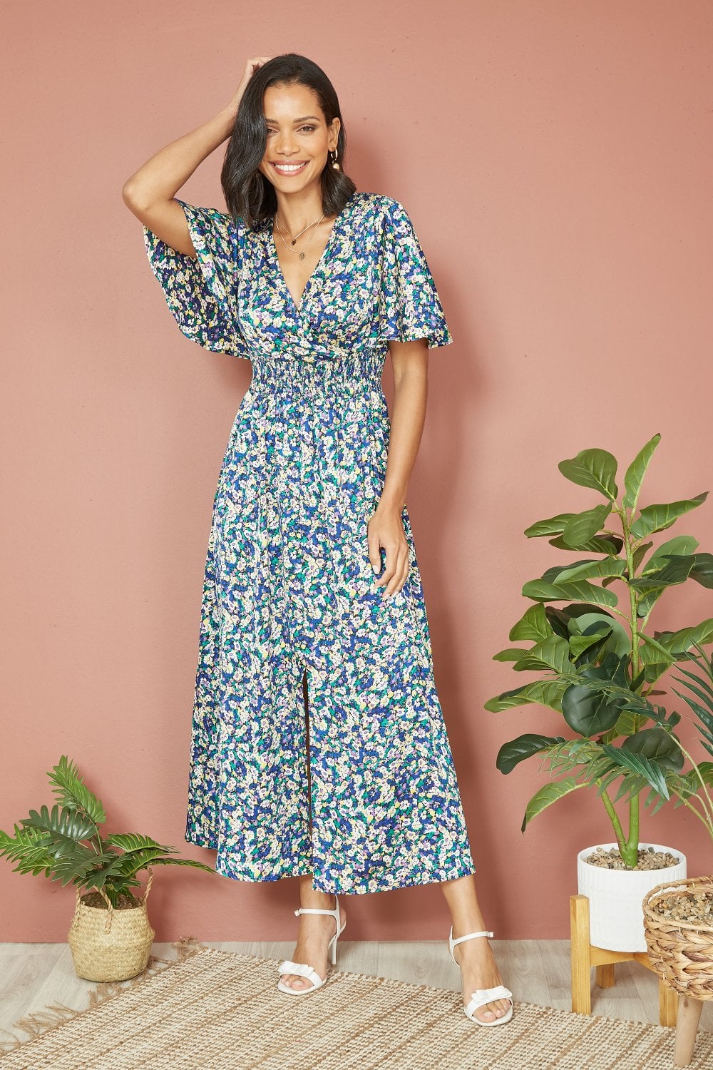 Yumi Blue Satin Ditsy Print Wrap Maxi Dress Yumi