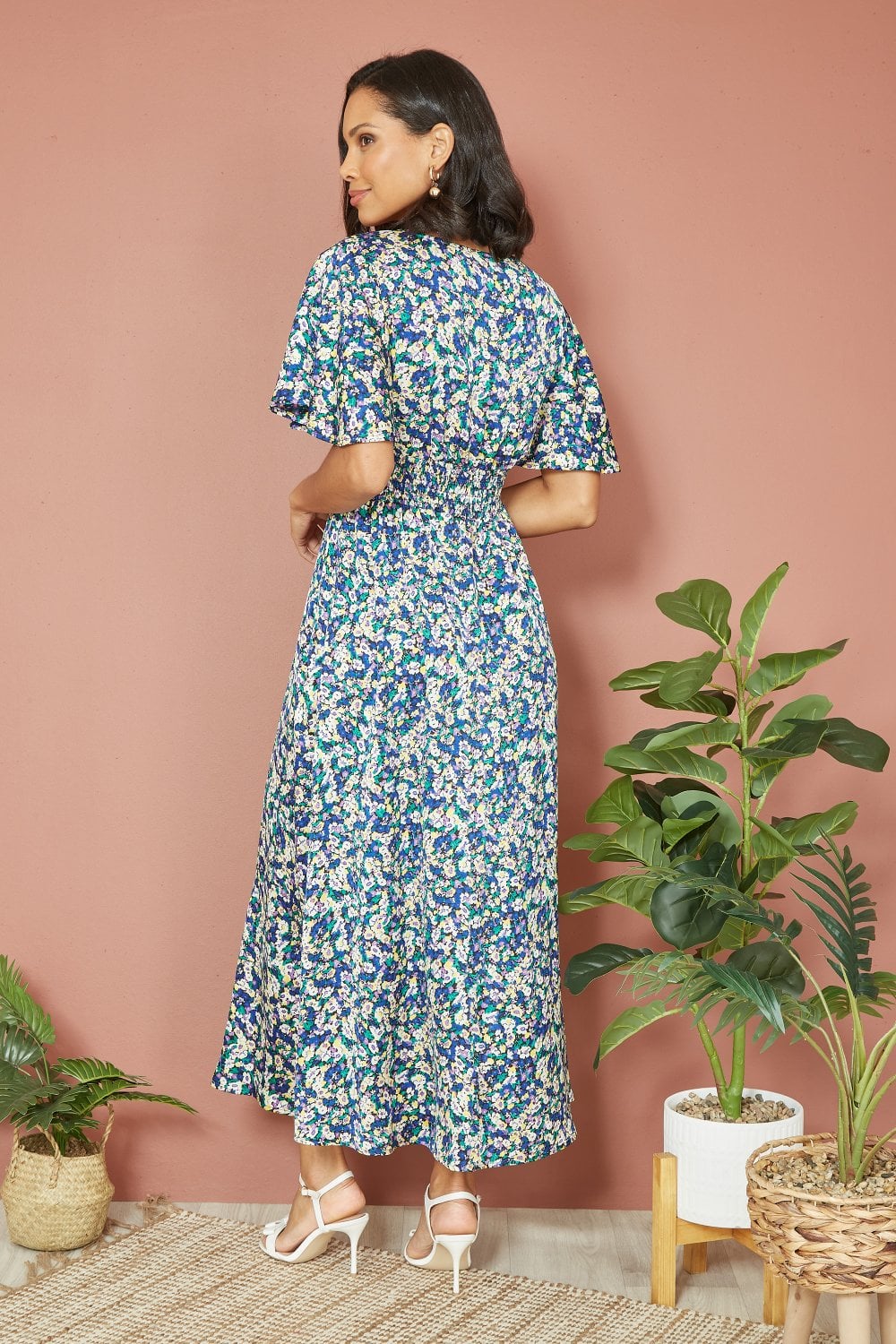 Yumi Blue Satin Ditsy Print Wrap Maxi Dress Yumi