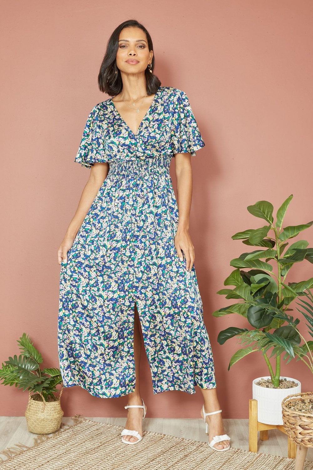 Yumi Blue Satin Ditsy Print Wrap Maxi Dress Yumi