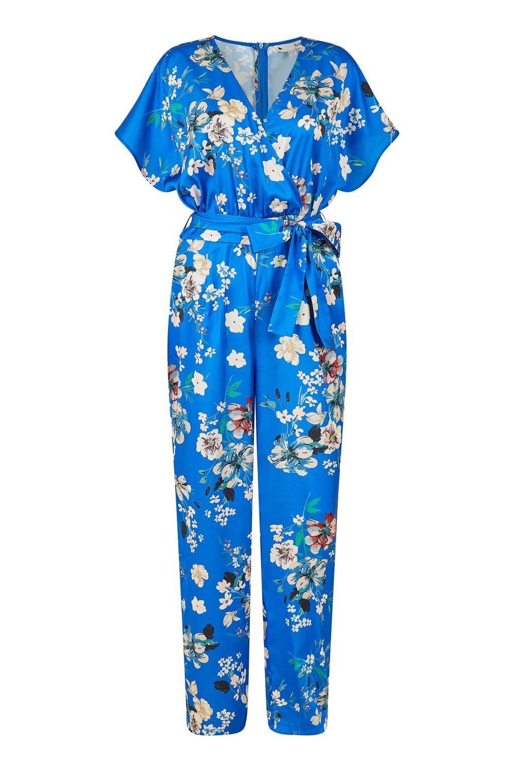 Yumi Blue Satin Floral Wrap Jumpsuit With Kimono Sleeve Yumi