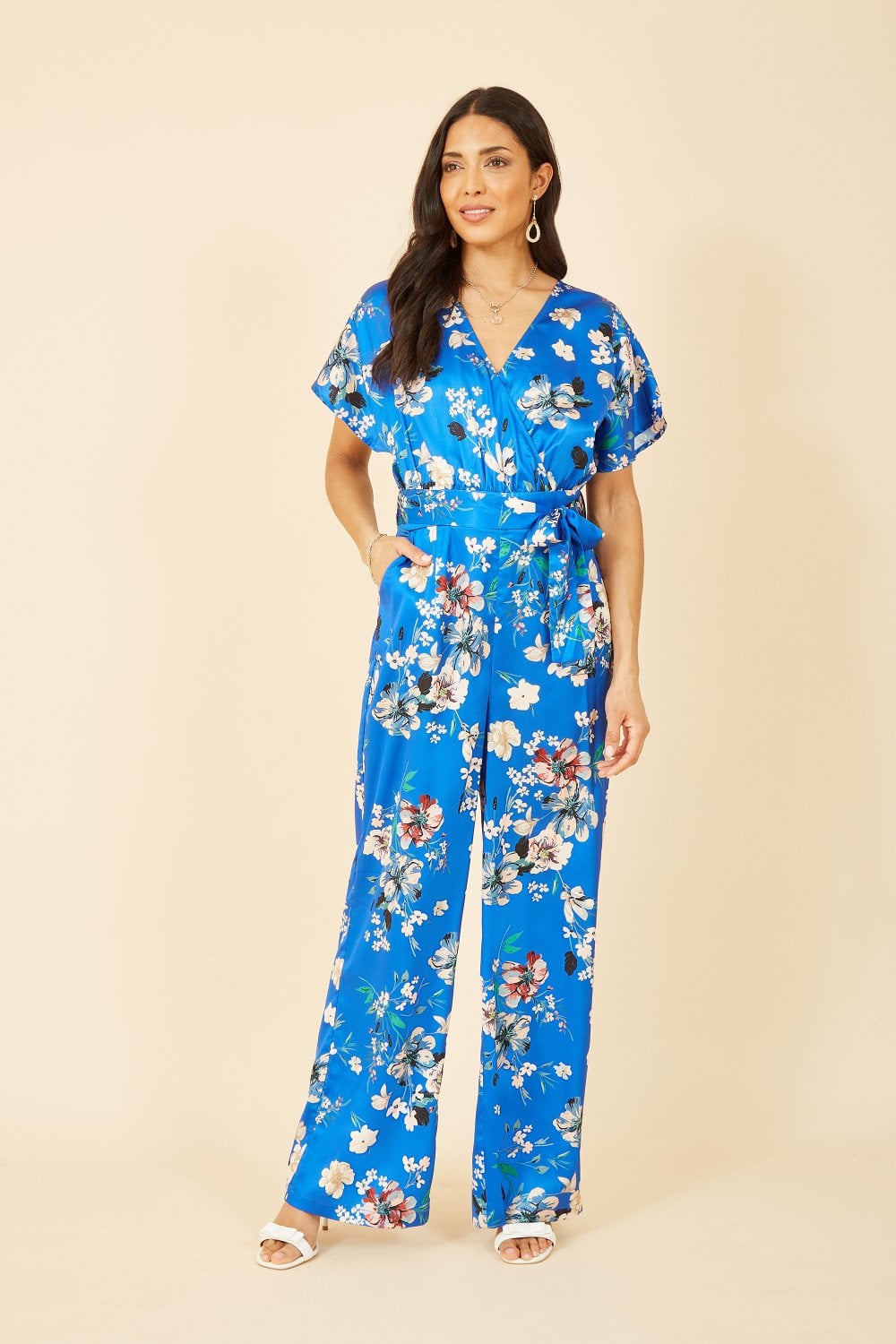 Yumi Blue Satin Floral Wrap Jumpsuit With Kimono Sleeve Yumi