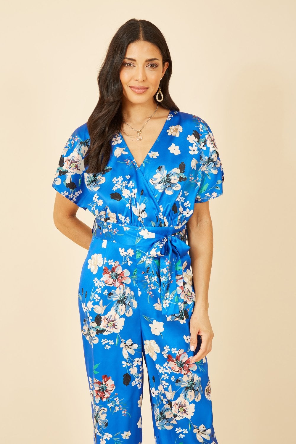 Yumi Blue Satin Floral Wrap Jumpsuit With Kimono Sleeve Yumi