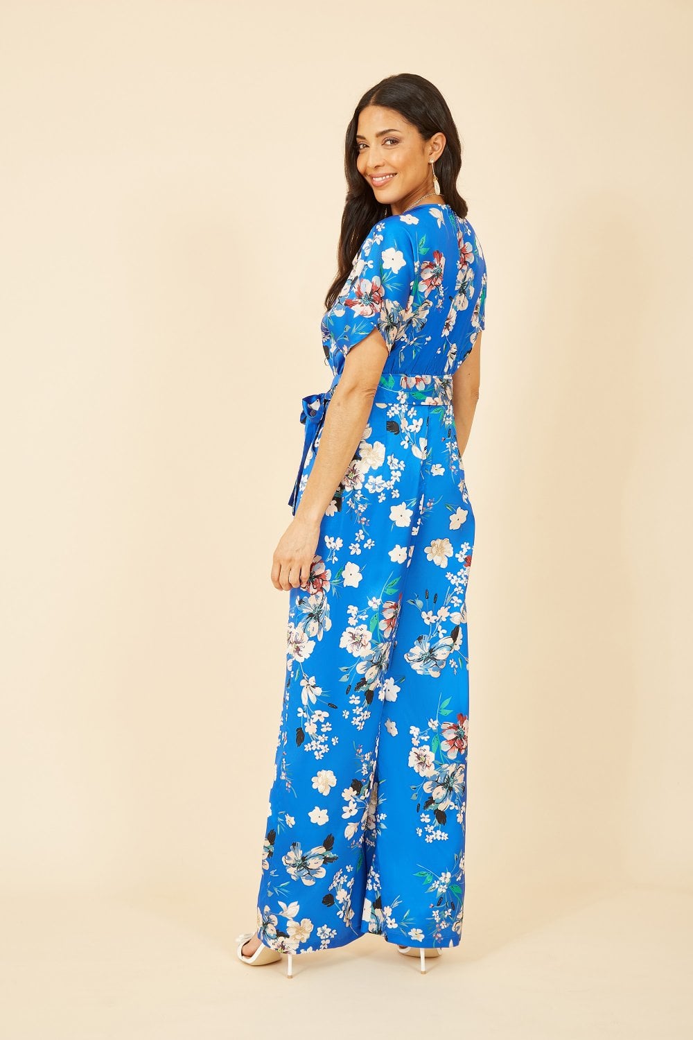 Yumi Blue Satin Floral Wrap Jumpsuit With Kimono Sleeve Yumi