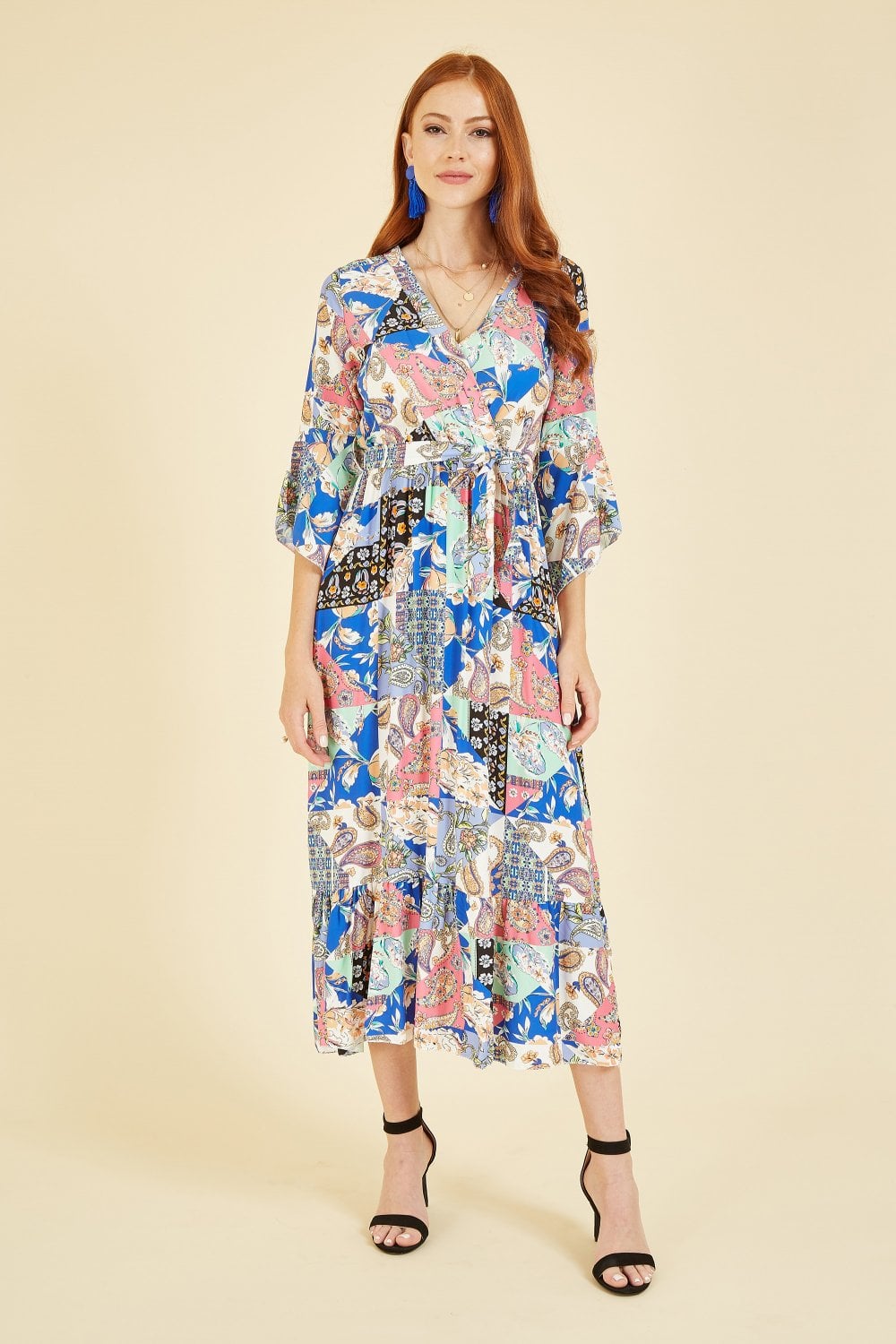 Yumi Blue Scarf Print Wrap Dress With Fluted Sleeves Yumi