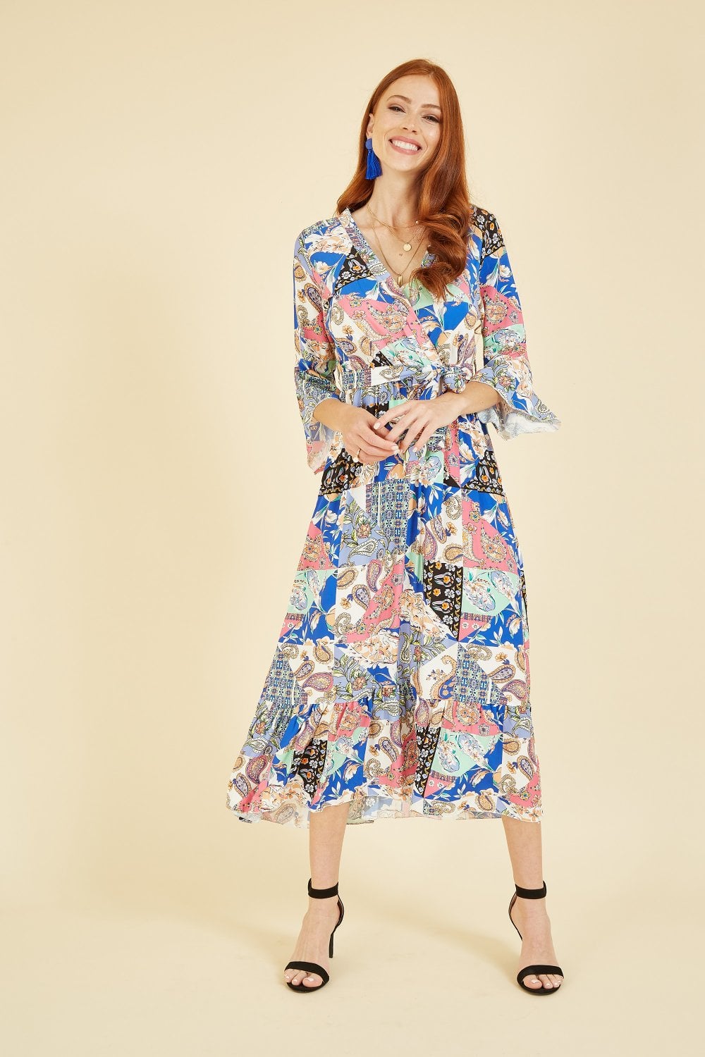 Yumi Blue Scarf Print Wrap Dress With Fluted Sleeves Yumi