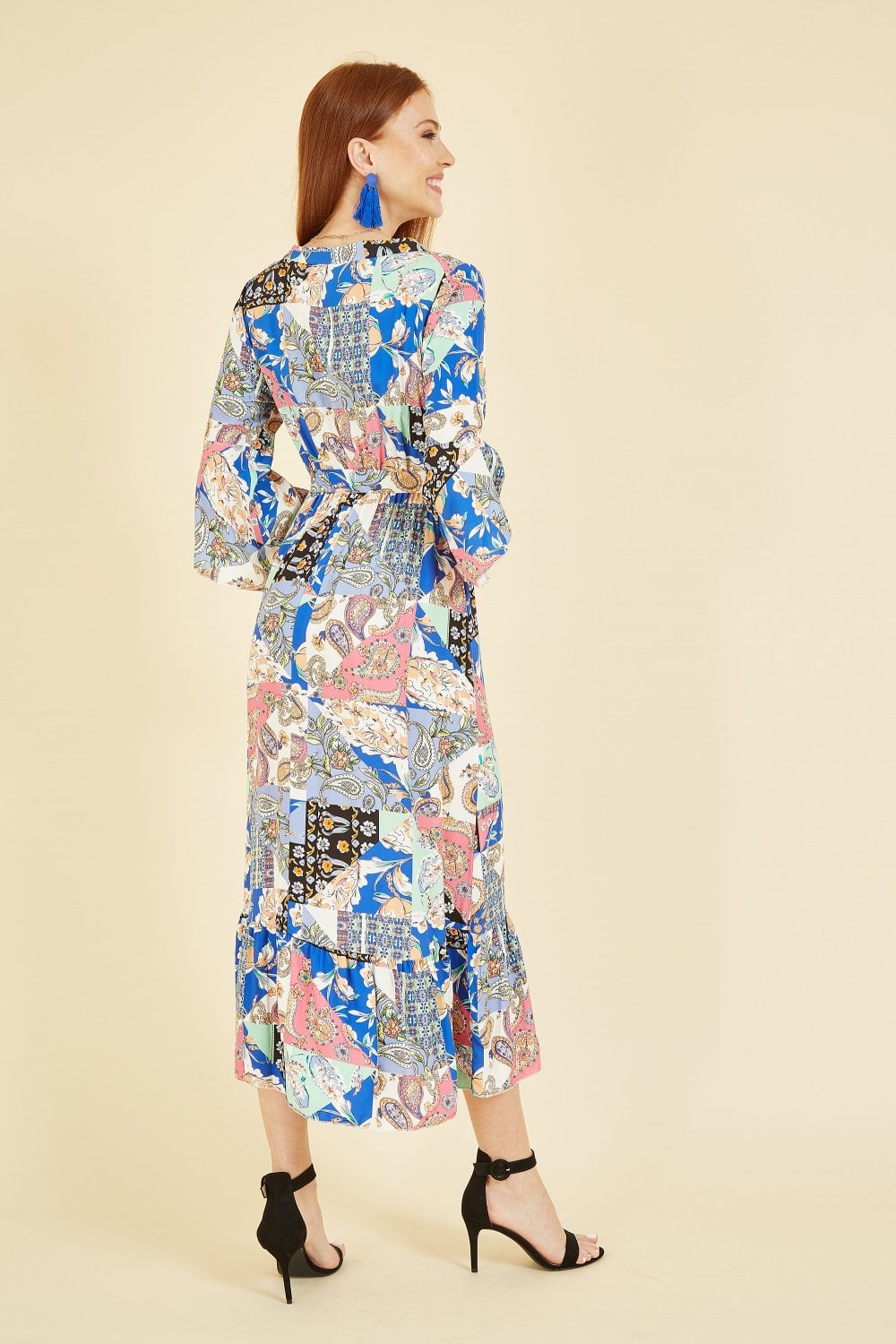 Yumi Blue Scarf Print Wrap Dress With Fluted Sleeves Yumi