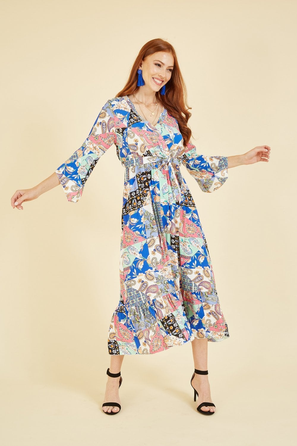 Yumi Blue Scarf Print Wrap Dress With Fluted Sleeves Yumi