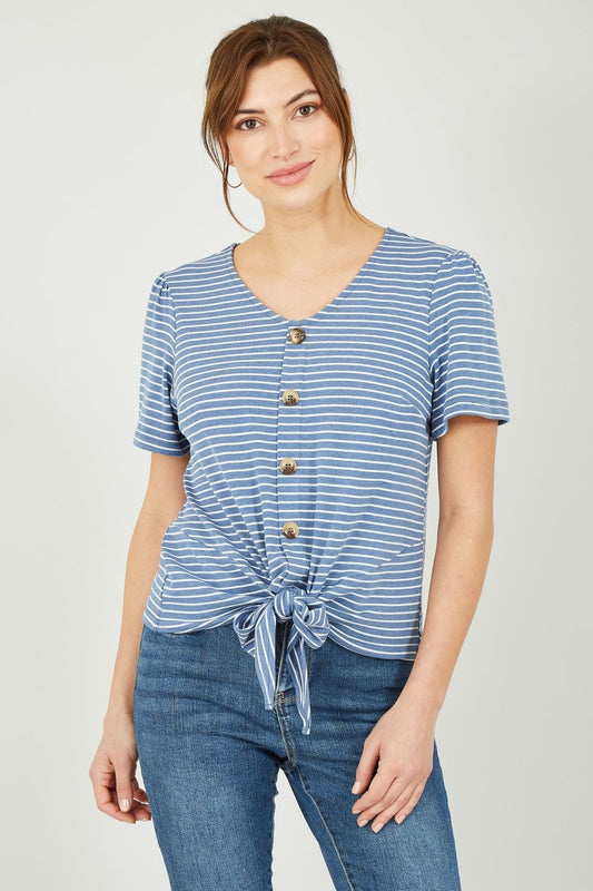 Yumi Blue Striped Jersey Button Detail Top Yumi