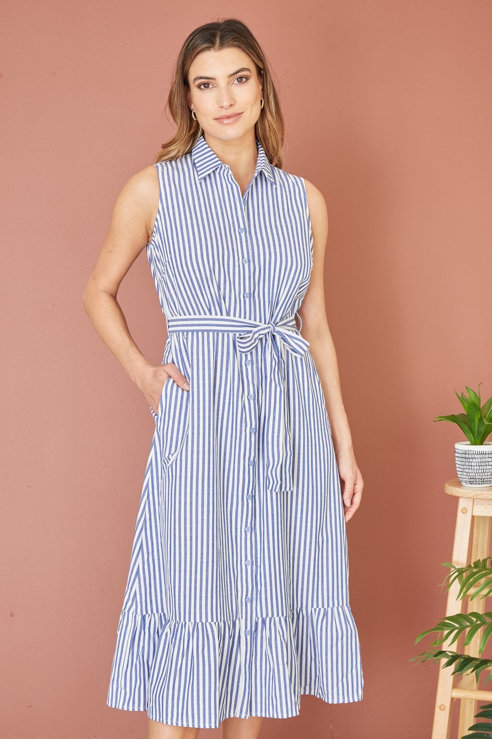 Yumi Blue Striped Sleeveless Midi Shirt Dress Yumi