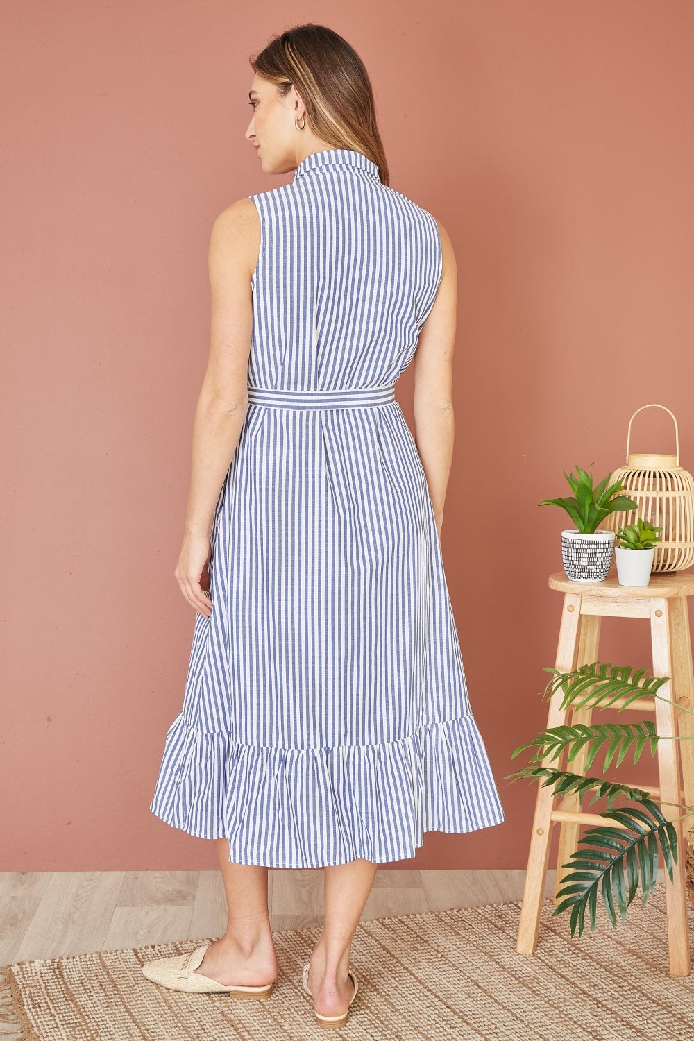 Yumi Blue Striped Sleeveless Midi Shirt Dress Yumi