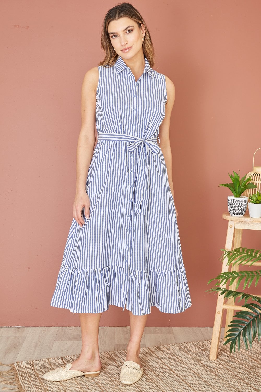 Yumi Blue Striped Sleeveless Midi Shirt Dress Yumi