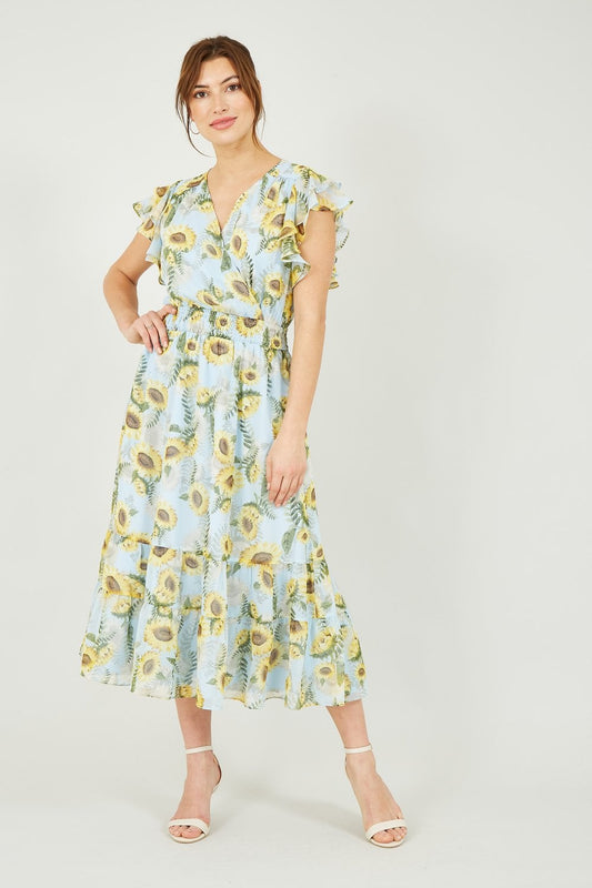 Yumi Blue Sunflower Print Midi Dress Yumi