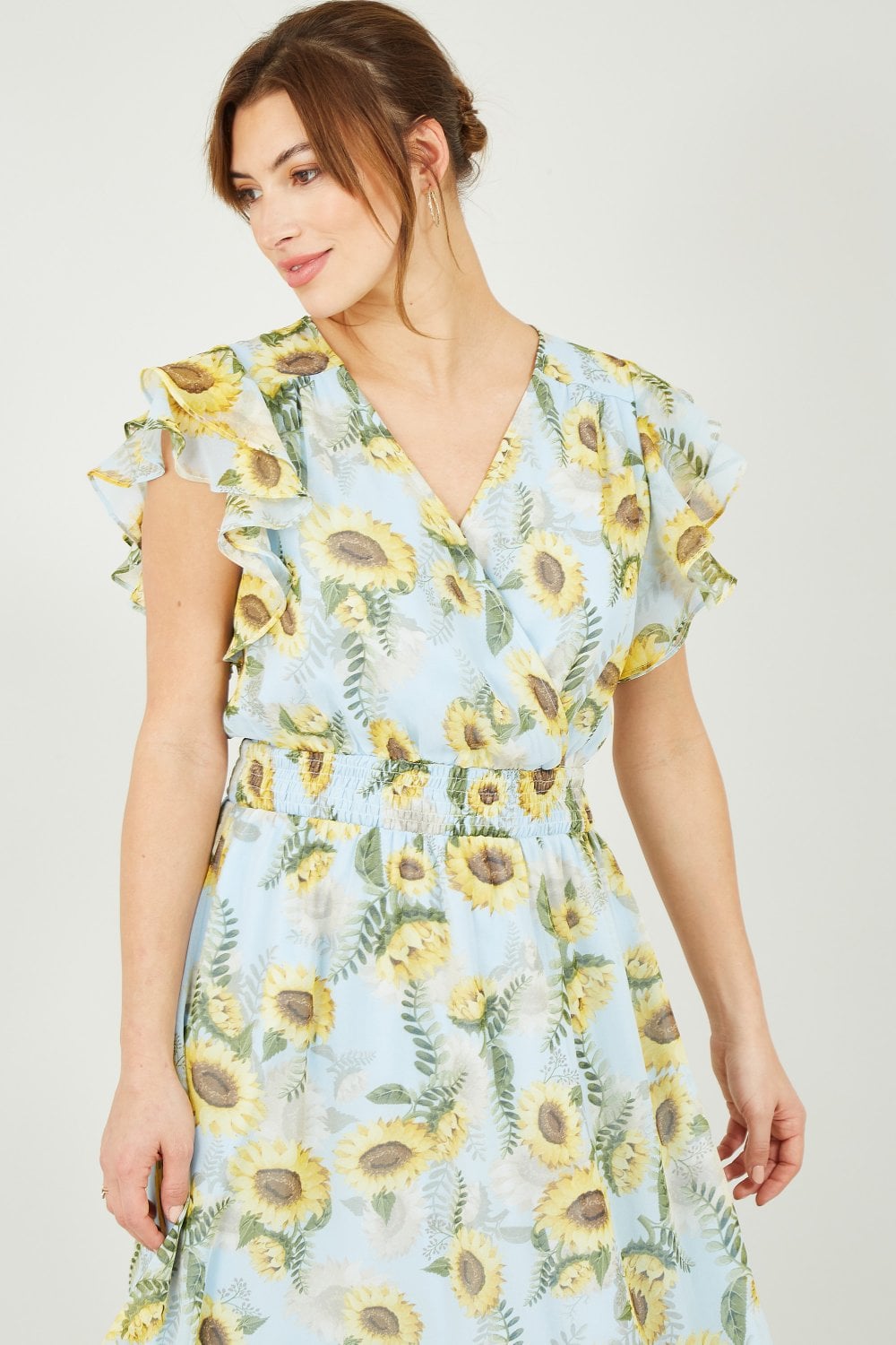 Yumi Blue Sunflower Print Midi Dress Yumi