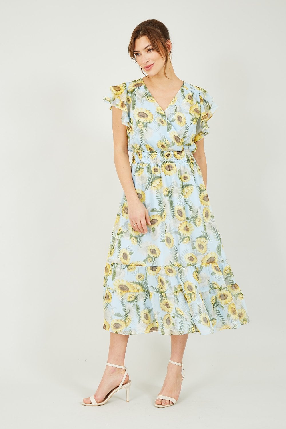 Yumi Blue Sunflower Print Midi Dress Yumi