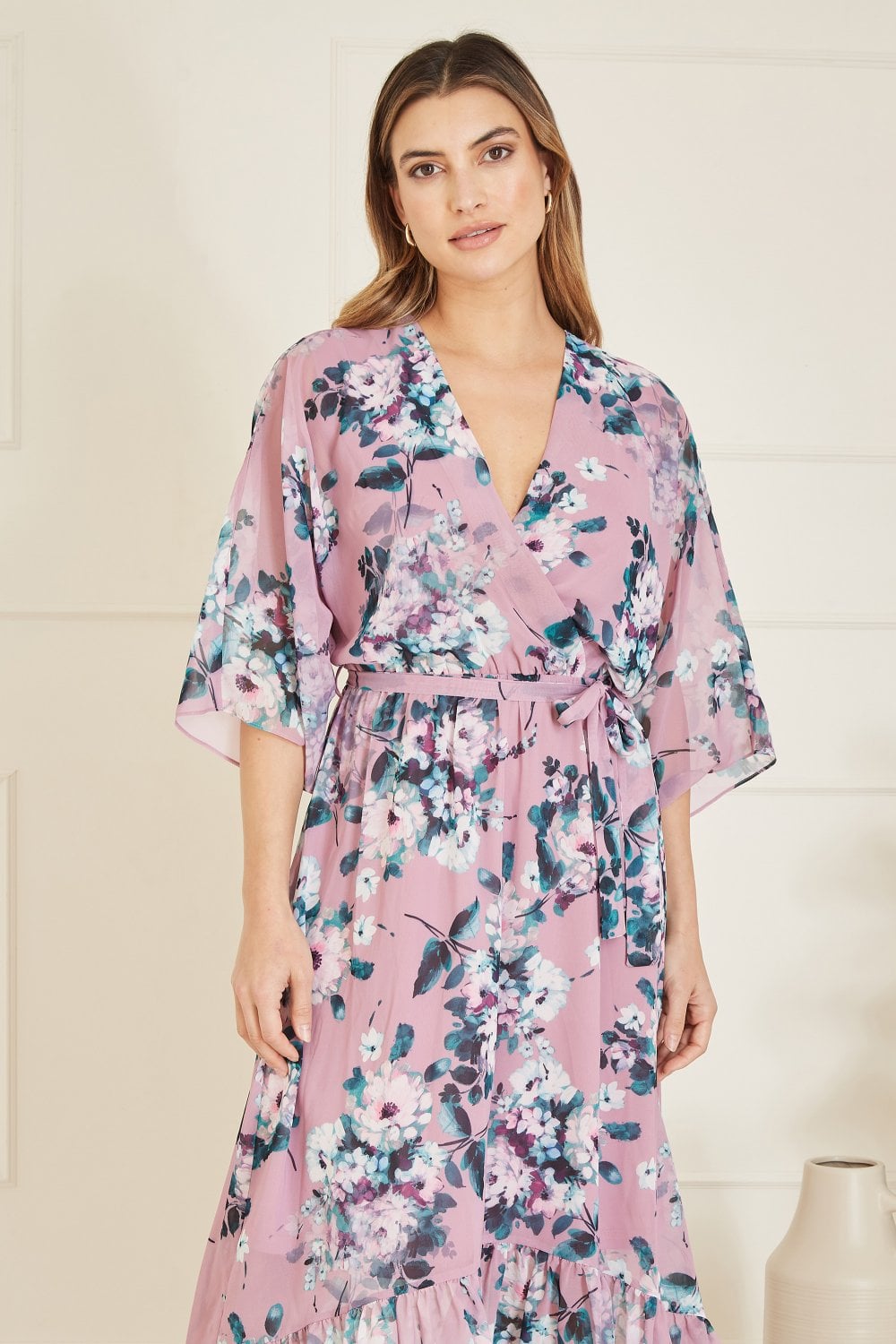 Yumi Blush Floral Kimono Dipped Hem Dress Yumi