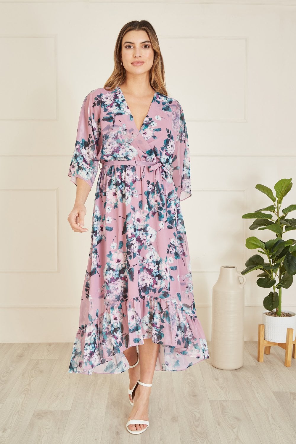 Yumi Blush Floral Kimono Dipped Hem Dress Yumi