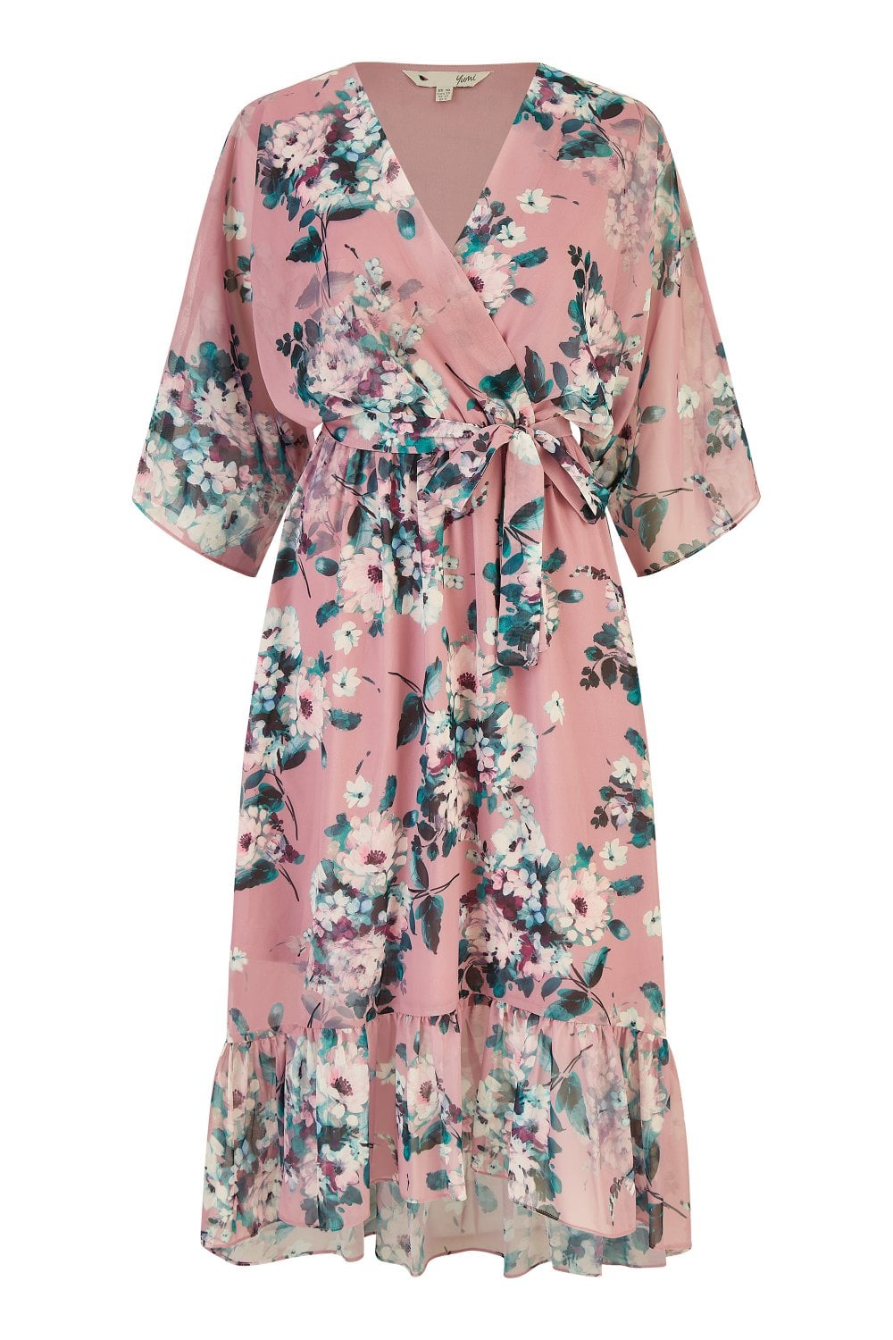 Yumi Blush Floral Kimono Dipped Hem Dress Yumi