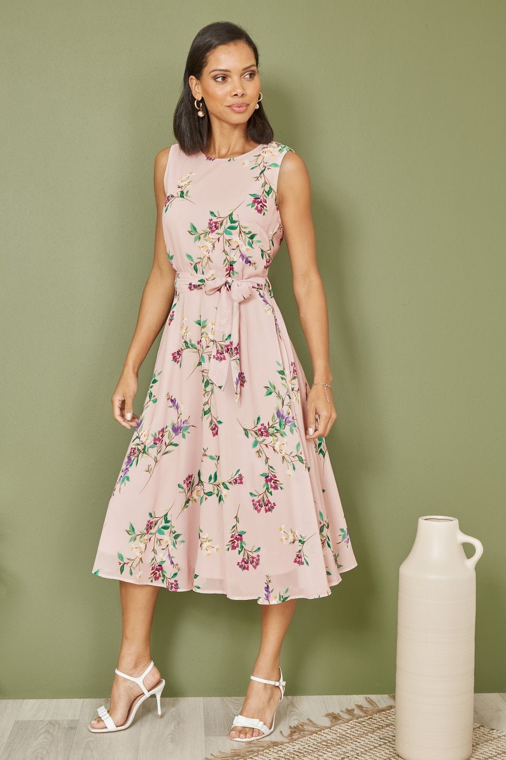 Yumi Blush Floral Print Midi Skater Dress Yumi