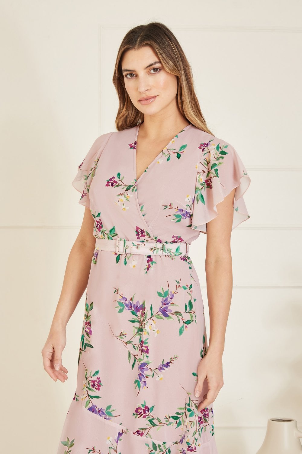 Yumi Blush Wrap Over Midi Dress With Frill Details And Matching Belt Yumi