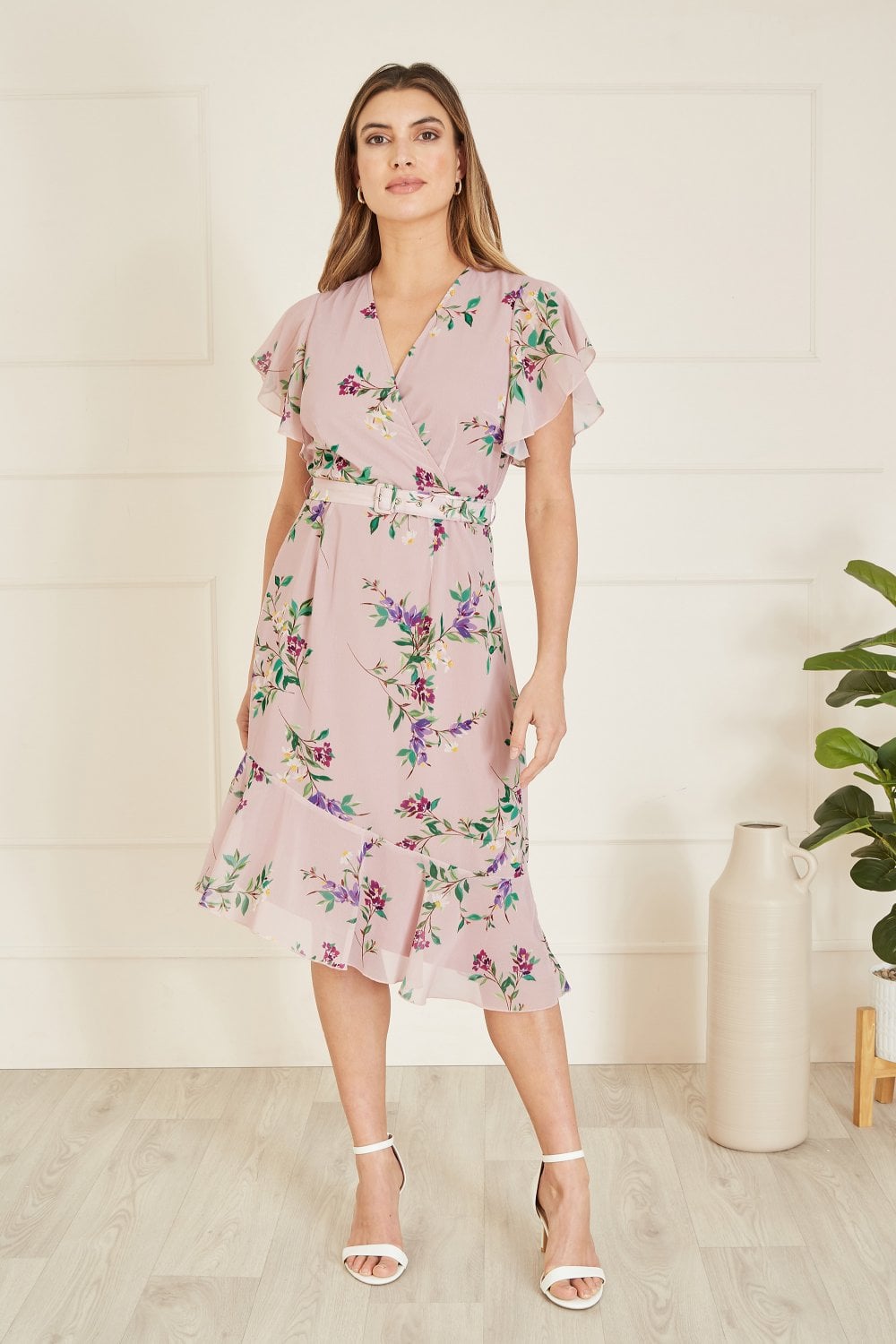 Yumi Blush Wrap Over Midi Dress With Frill Details And Matching Belt Yumi