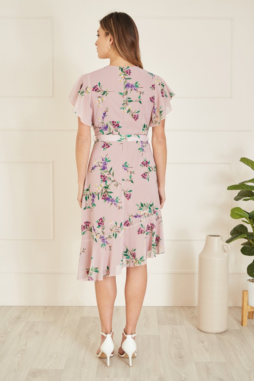 Yumi Blush Wrap Over Midi Dress With Frill Details And Matching Belt Yumi