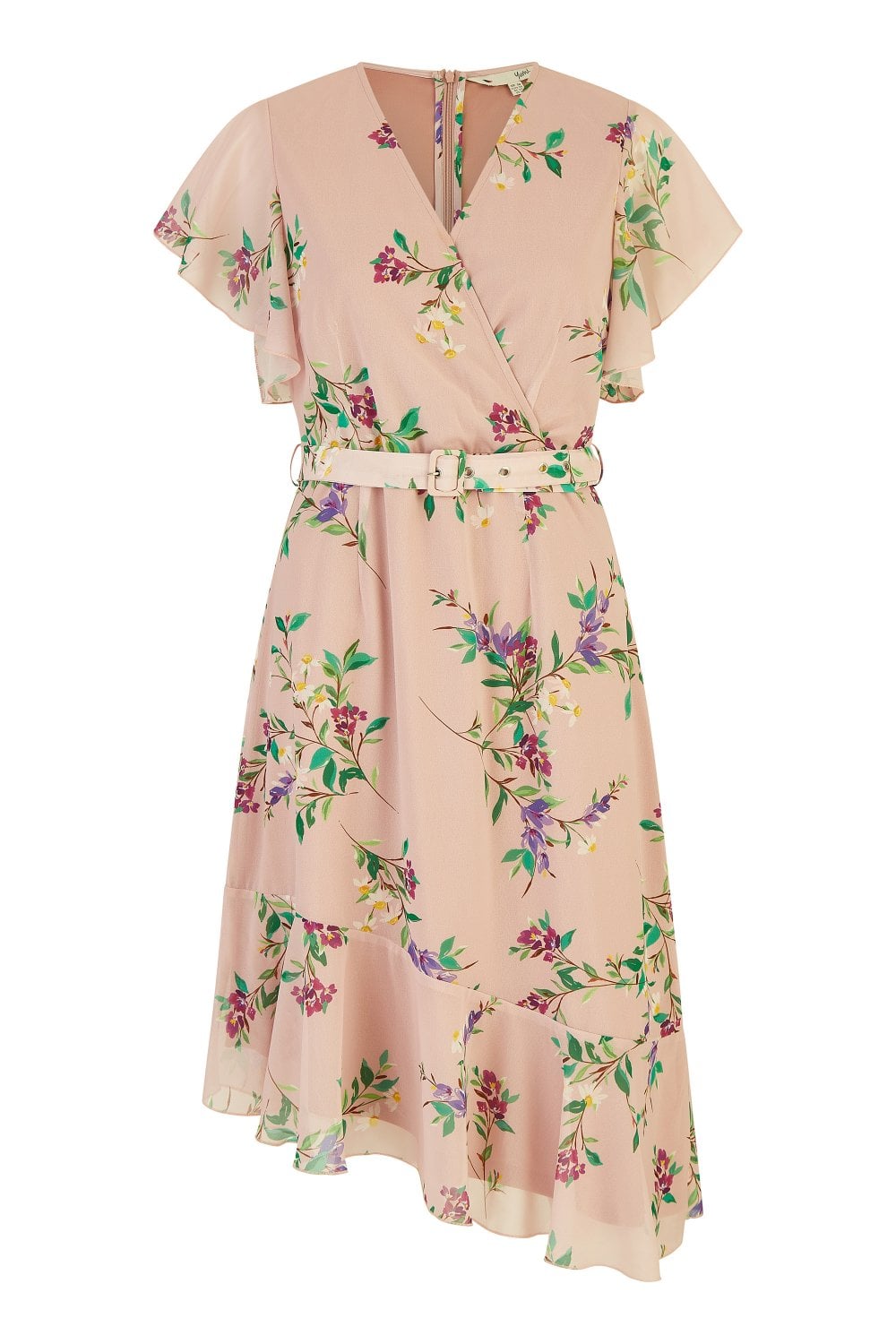 Yumi Blush Wrap Over Midi Dress With Frill Details And Matching Belt Yumi