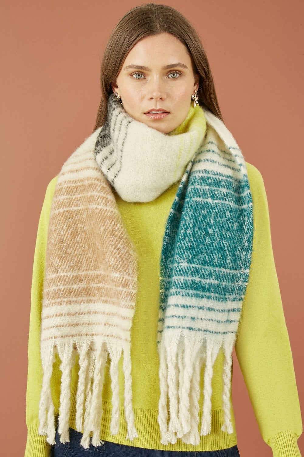 Yumi Brown And Green Oversize Fluffy Scarf Yumi