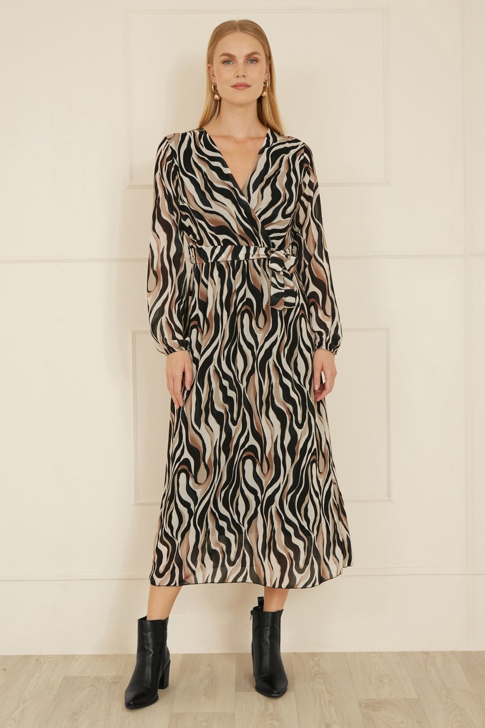 Yumi Brown Animal Swirl Midi Wrap Dress Yumi