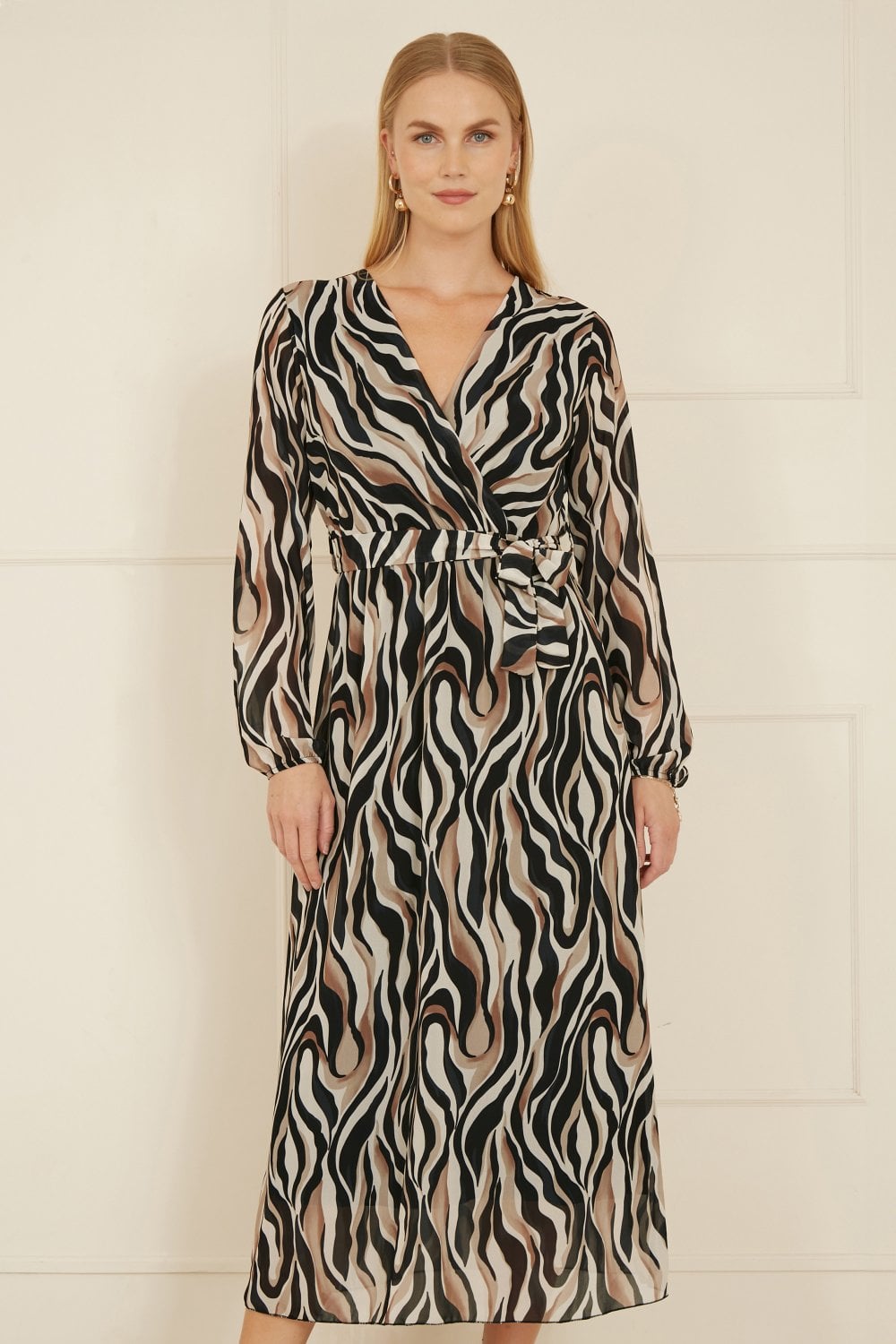 Yumi Brown Animal Swirl Midi Wrap Dress Yumi