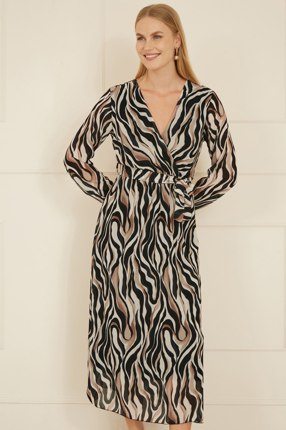 Yumi Brown Animal Swirl Midi Wrap Dress Yumi